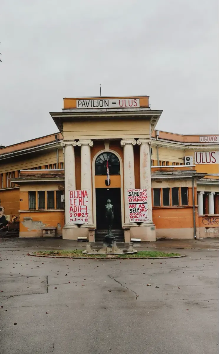 Cvijeta Zuzorić Art Pavilion in Belgrade with a statue out front. Photo by Kiran Johns