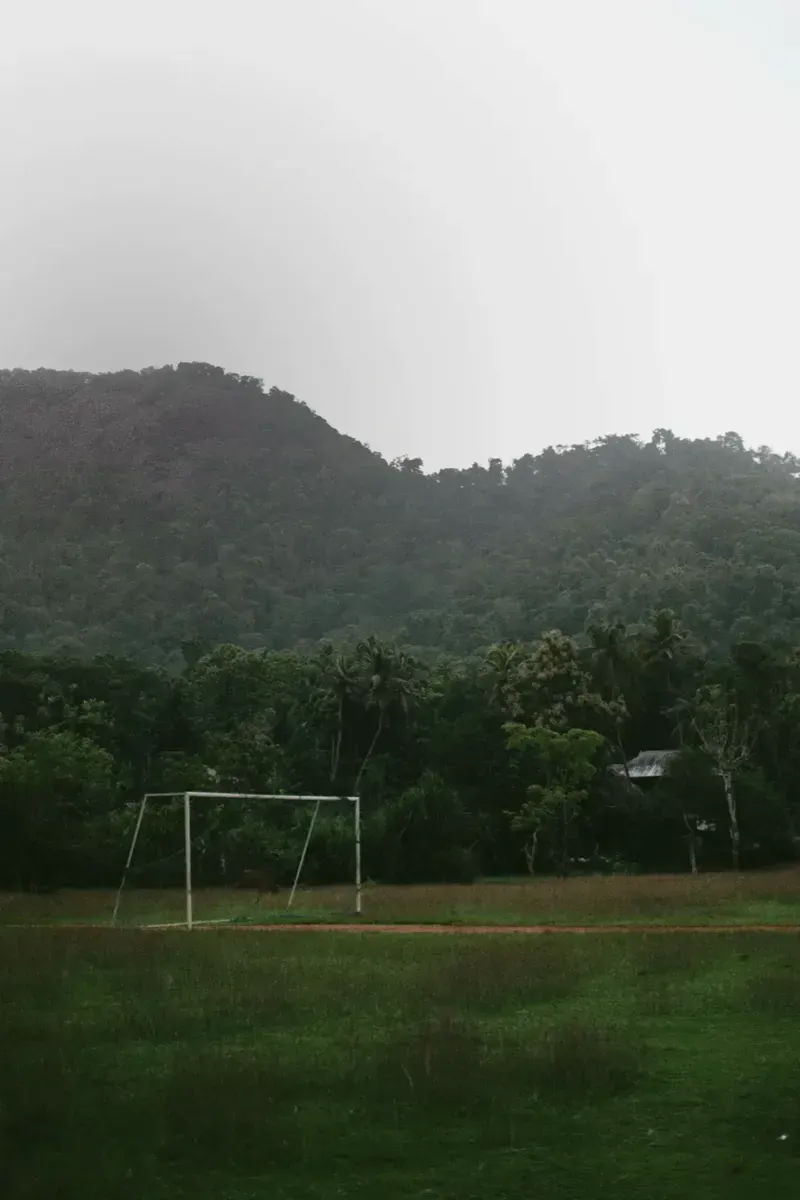 White soccer goal on a grassy field with a misty forested hill behind. Photo by Kiran Johns