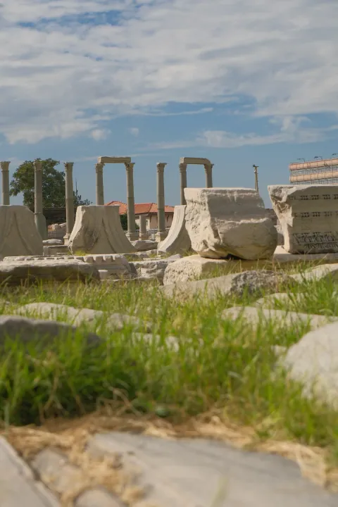 Standing ancient columns and scattered carved marble blocks rise from grass beneath a lightly clouded sky.