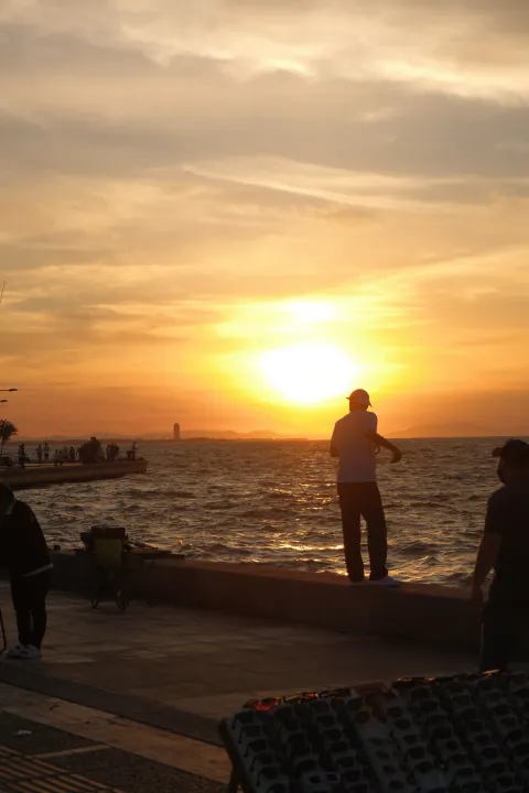 A person stands on a seawall silhouetted against a golden sunset over the sea.