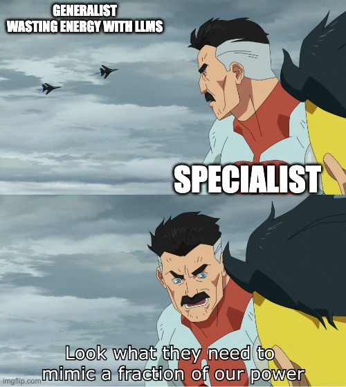 Meme about specialists wasting energy on LLMs while generalists use them as leverage